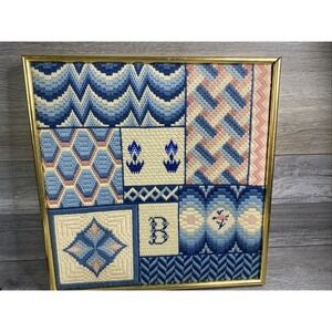 VTG Cross Stitch, 14x15 Art Deco Textile Tapestry Blue Pink Off-White Letter B